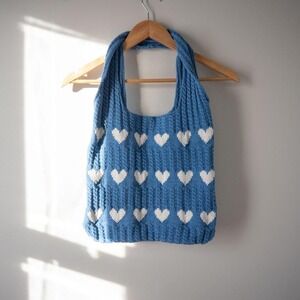Crochet Blue Heart Tote Bag